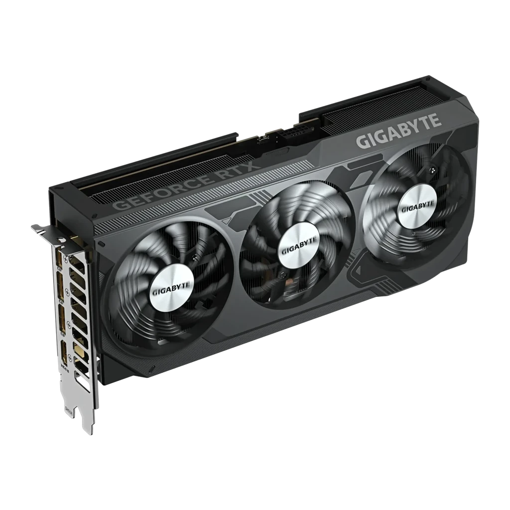 Gigabyte GeForce RTX 5070 Ti Windforce OC V2 16GB noir, vue avant: trois ventilateurs avec logo argenté et shroud noir - Ítem3