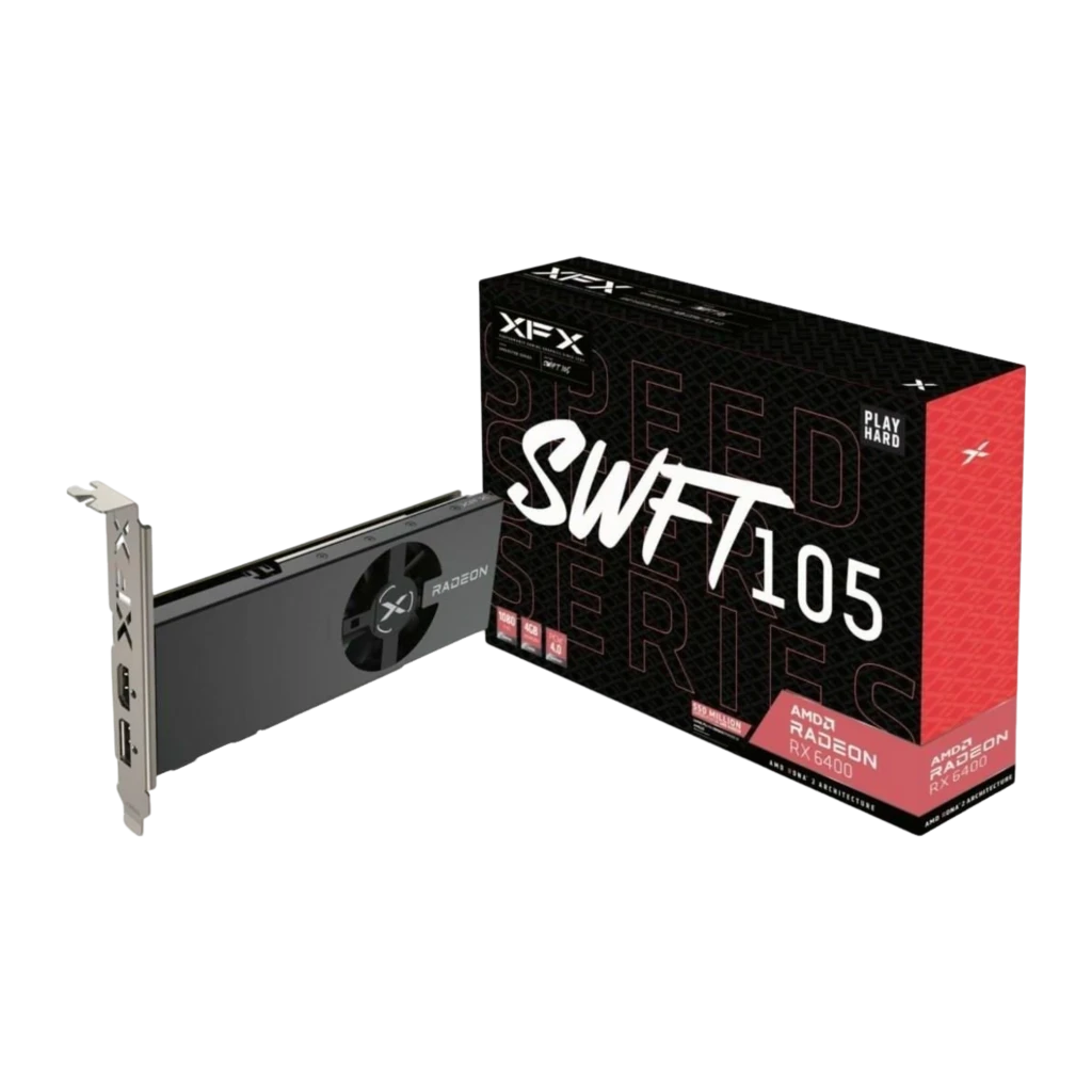 XFX Speedster SWFT105 Radeon RX 6400 4GB noir, vue supérieure en angle: shroud gris avec ventilateur central et logo X, - Ítem5
