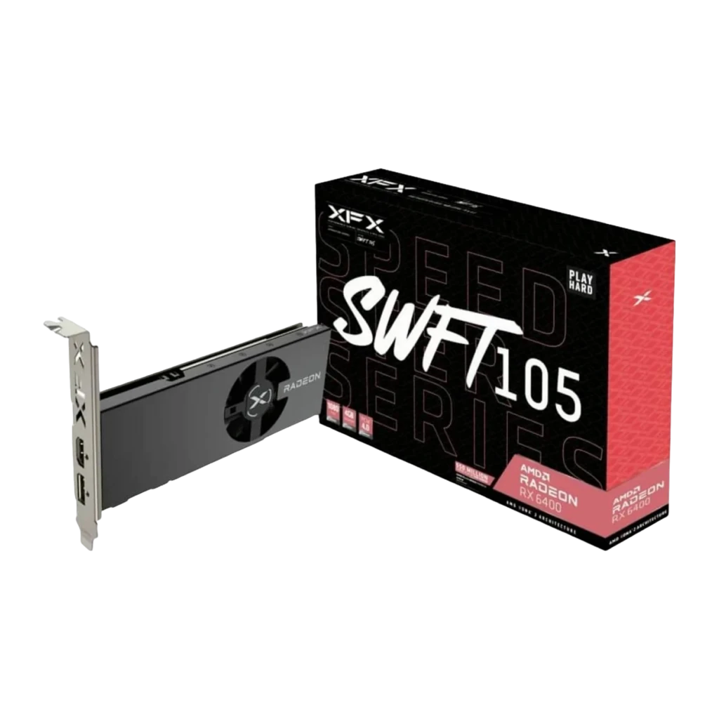 XFX Speedster SWFT105 Radeon RX 6400 4GB noir, vue supérieure en angle: shroud gris avec ventilateur central et logo X, - Ítem7