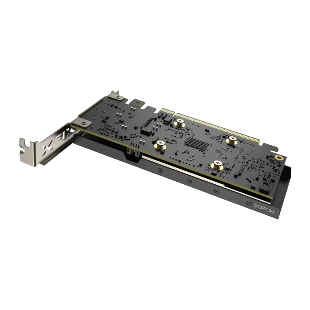 XFX Speedster SWFT105 Radeon RX 6400 4GB noir, vue supérieure en angle: shroud gris avec ventilateur central et logo X, - Ítem1