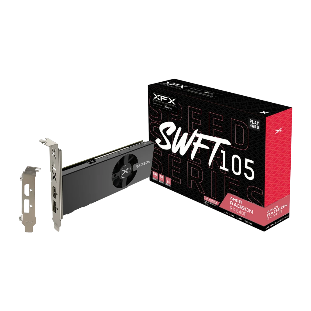 XFX Speedster SWFT105 Radeon RX 6400 4GB noir, vue supérieure en angle: shroud gris avec ventilateur central et logo X, - Ítem3