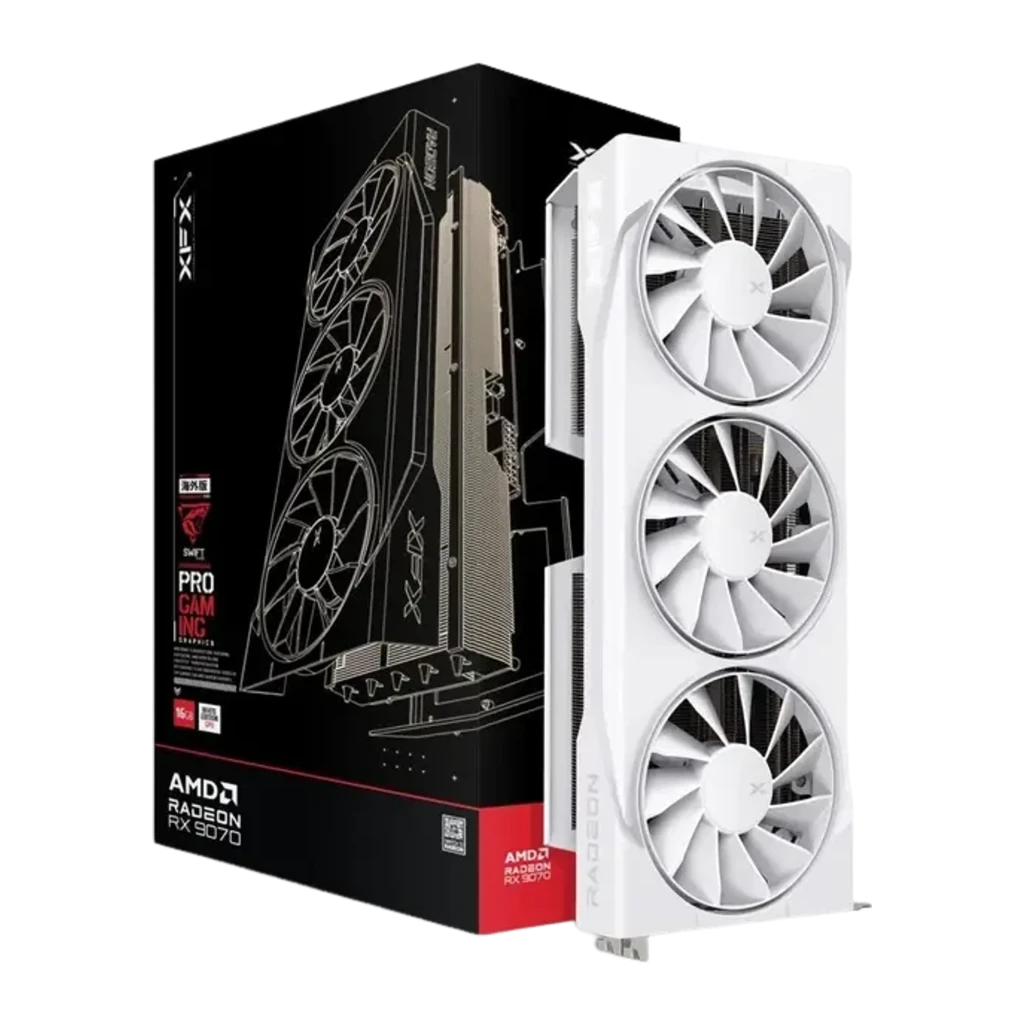 XFX Swift Radeon RX 9070 OC Gaming 16GB branca, vista frontal: três ventoinhas com logo X e conector PCIe dourado - Item4
