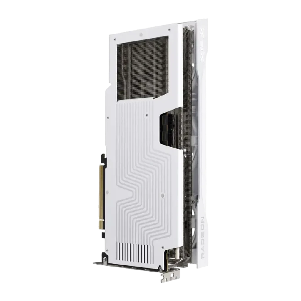 XFX Swift Radeon RX 9070 OC Gaming 16GB branca, vista frontal: três ventoinhas com logo X e conector PCIe dourado - Item1