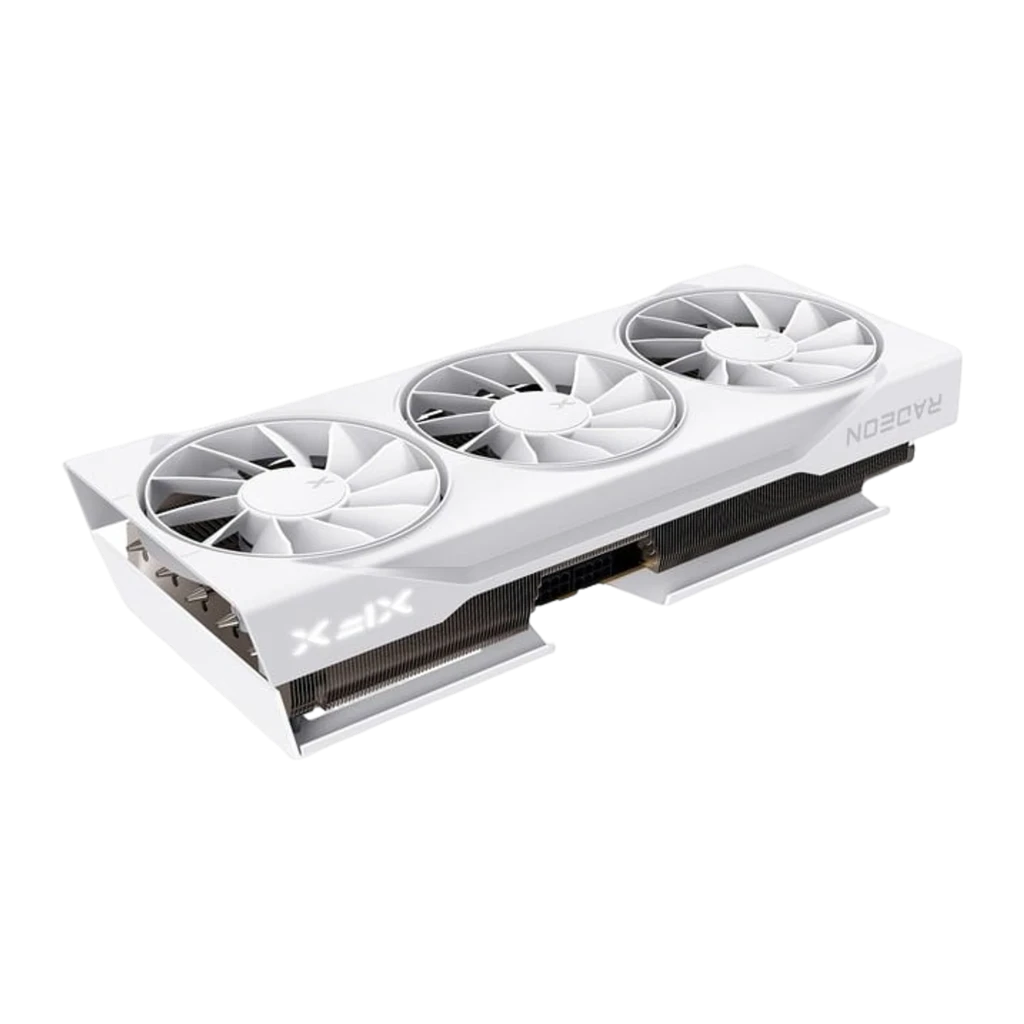 XFX Swift Radeon RX 9070 OC Gaming 16GB branca, vista frontal: três ventoinhas com logo X e conector PCIe dourado - Item2