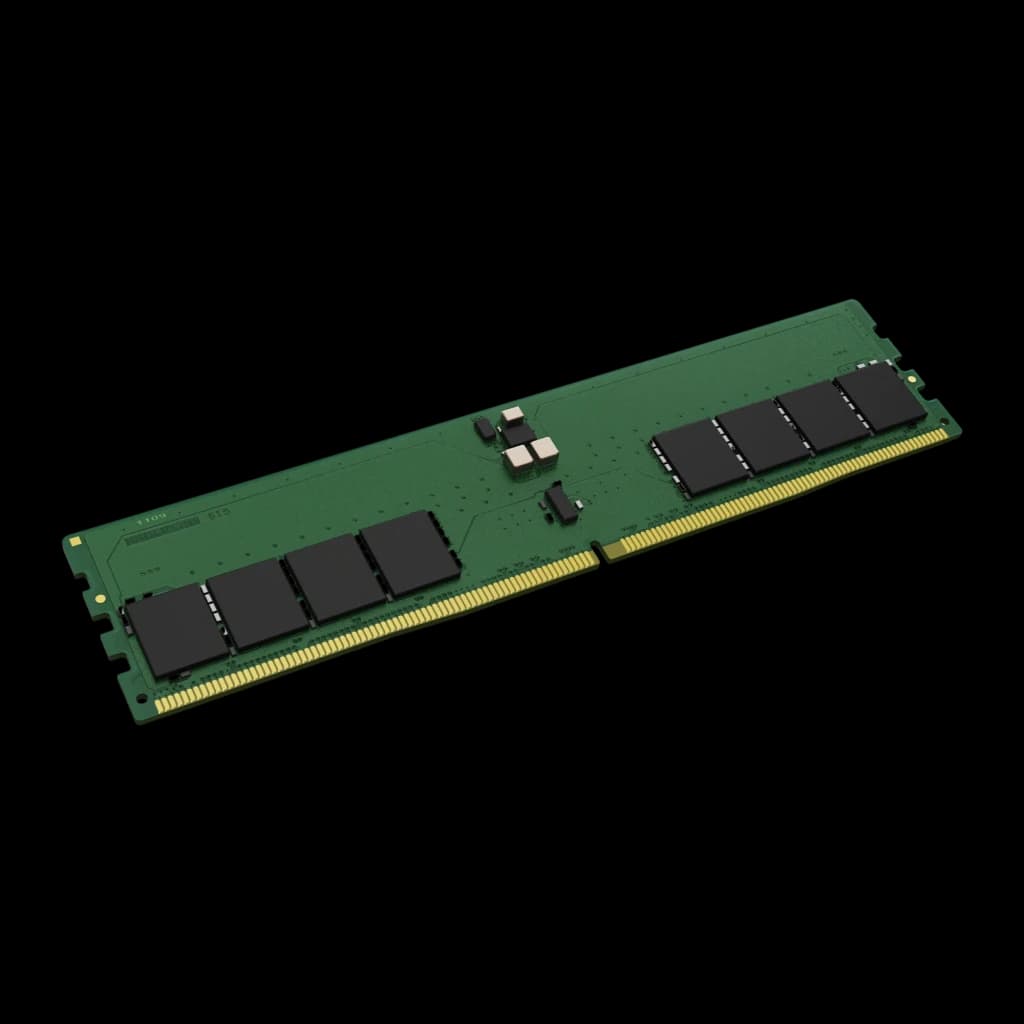 Kingston ValueRAM 32GB DDR5 5600 Or, vue en angle: module DIMM 288 broches, PCB vert avec puces noires et connecteur doré