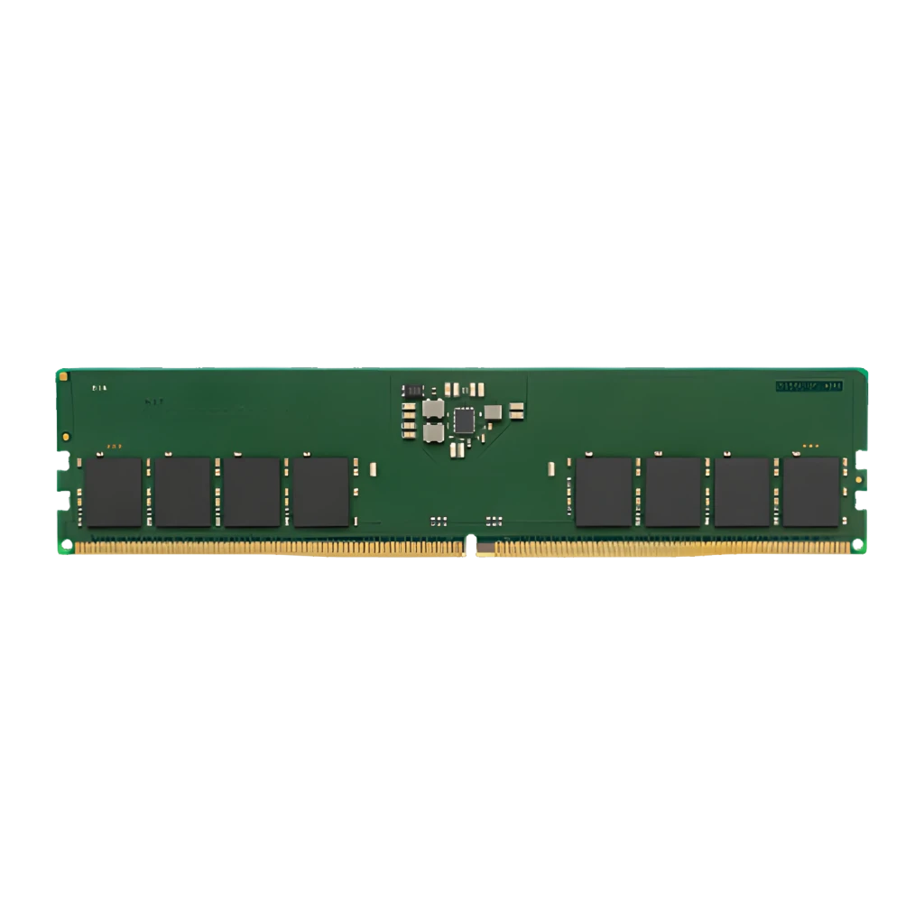 Kingston ValueRAM 32GB DDR5 5600 Oro, vista en ángulo: módulo DIMM 288 pines, PCB verde con chips negros y contactos dorados - Ítem1