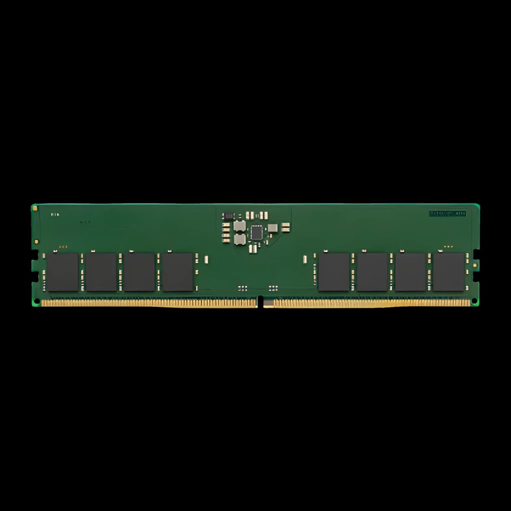 Kingston ValueRAM 32GB DDR5 5600 DIMM, vue avant: PCB vert avec puces noires et contacts dorés