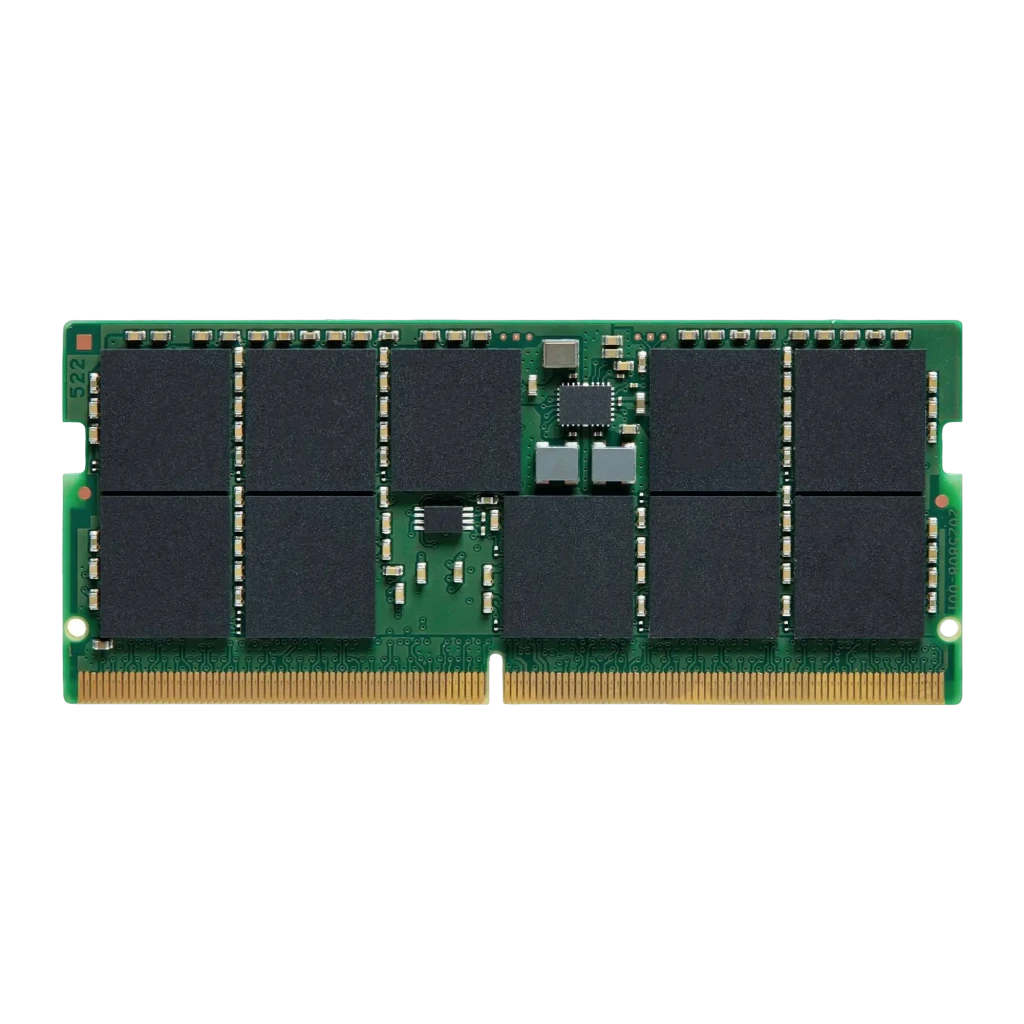 Kingston KVR56S46BS8-32 32GB DDR5 SO-DIMM, vista en perspectiva: PCB verde con chips negros y conector dorado - Ítem1