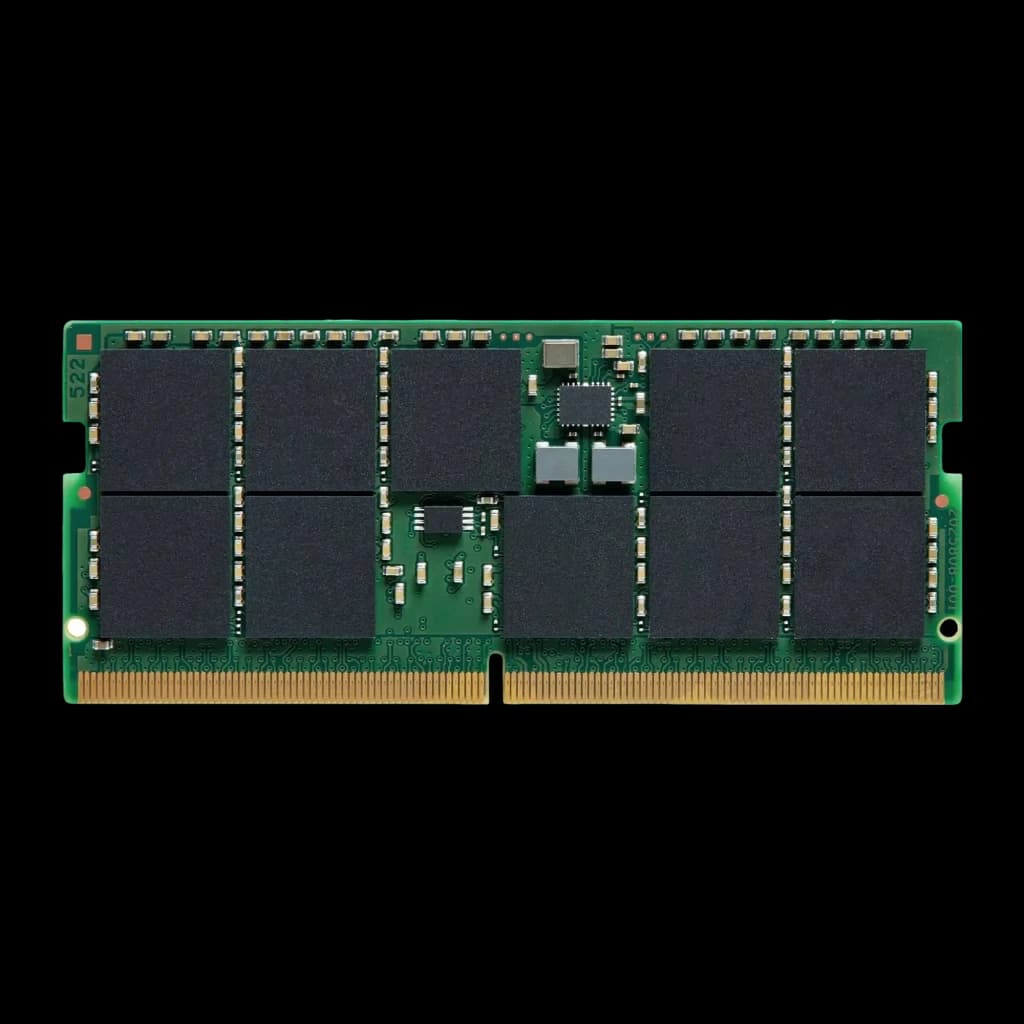 Kingston KVR56S46BS8-32 32GB DDR5 SO-DIMM, vista frontal: face com 8 chips pretos, controlador e componentes SMD