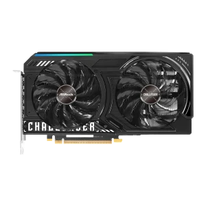 ASRock Intel Arc B580 Challenger OC 12GB preta, vista frontal: dois ventiladores, logo Challenger e faixa RGB azul-verde