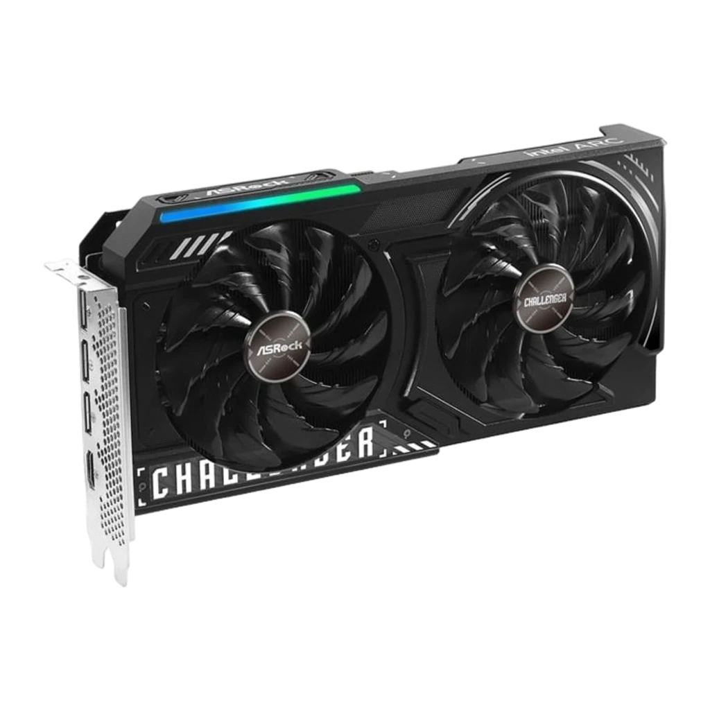 ASRock Intel Arc B580 Challenger OC 12GB negra, frontal: dos ventiladores, logo Challenger y franja RGB azul-verde - Ítem1