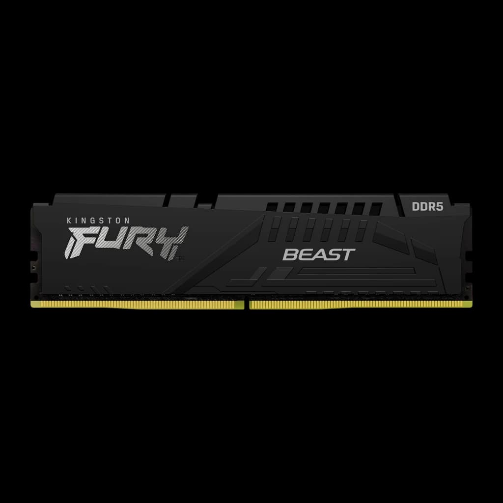 Kingston FURY Beast DDR5 6000 16GB Preto, vista frontal: dissipador preto com logo FURY BEAST e etiqueta DDR5
