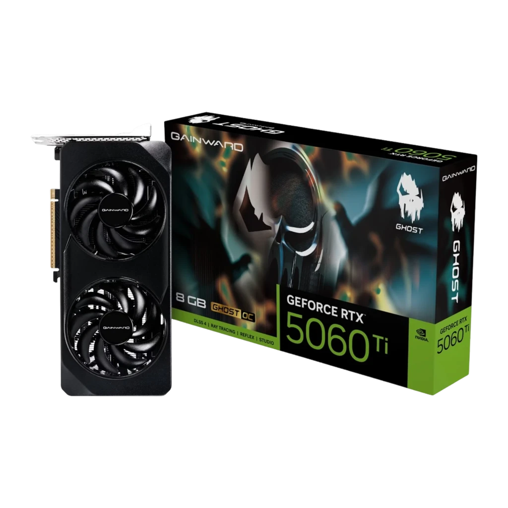 Gainward GeForce RTX 5060 Ti Ghost 8GB preta, vista frontal: dois ventiladores, logos GeForce RTX e GHOST no shroud preto - Item5