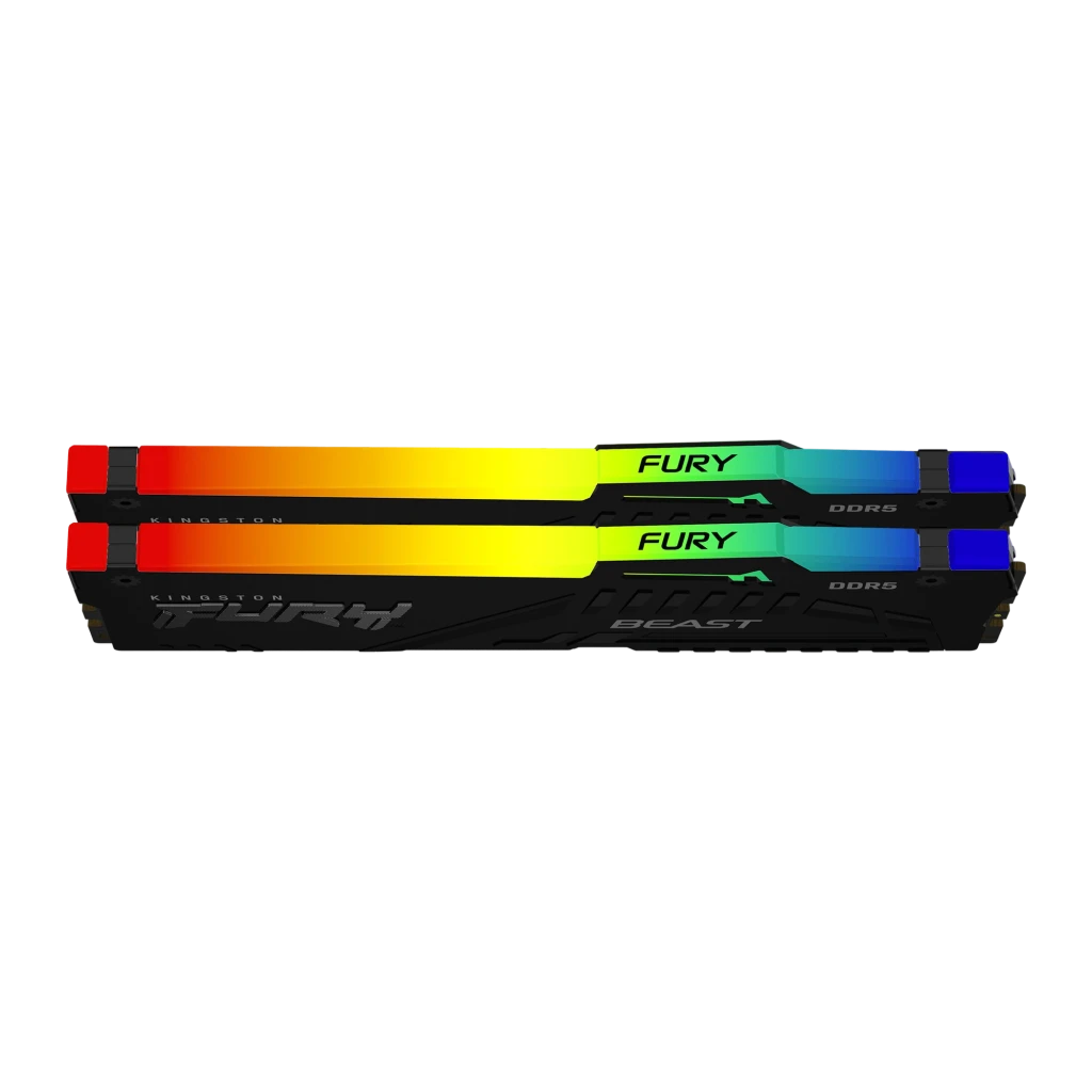 Kingston Fury Beast RGB 32GB DDR5 Negro, vista en ángulo: kit 2 módulos con iluminación RGB degradado rojo-verde-azul en - Ítem1