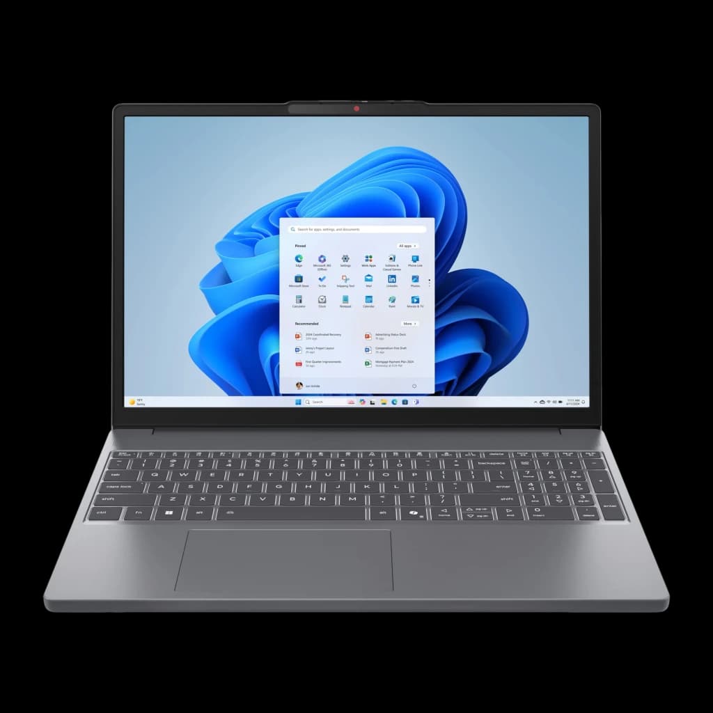 Lenovo IdeaPad Slim 3 15ARP10 512GB Luna Grey, vista frontal: ecrã com Windows 11 e teclado completo com numpad