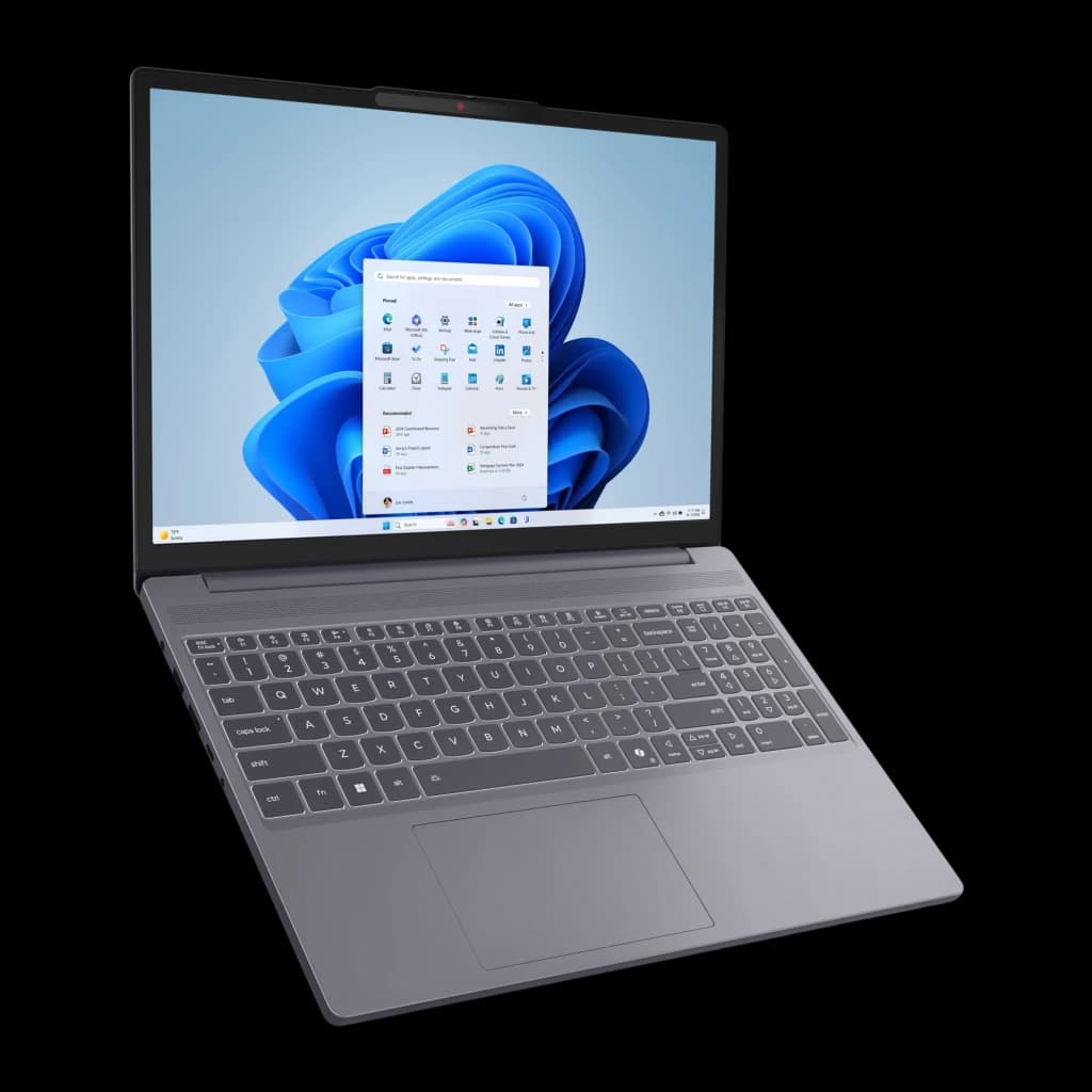Lenovo IdeaPad Slim 3 15ARP10 512GB Luna Grey, vista em ângulo: ecrã com Windows 11 e teclado vistos da direita