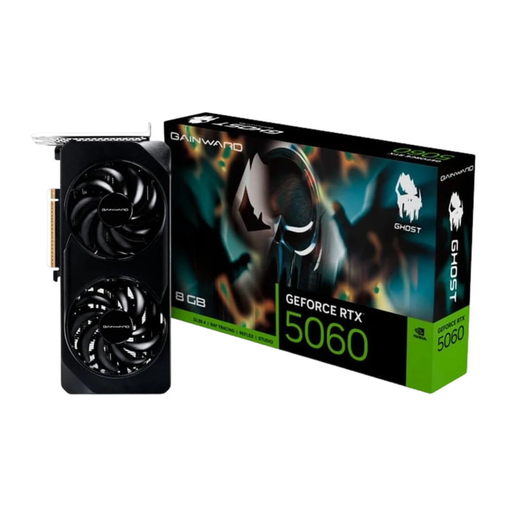 Gainward GeForce RTX 5060 Ghost 8GB OC preto, vista frontal: dois ventiladores com logo Gainward e conector PCIe dourado - Item2