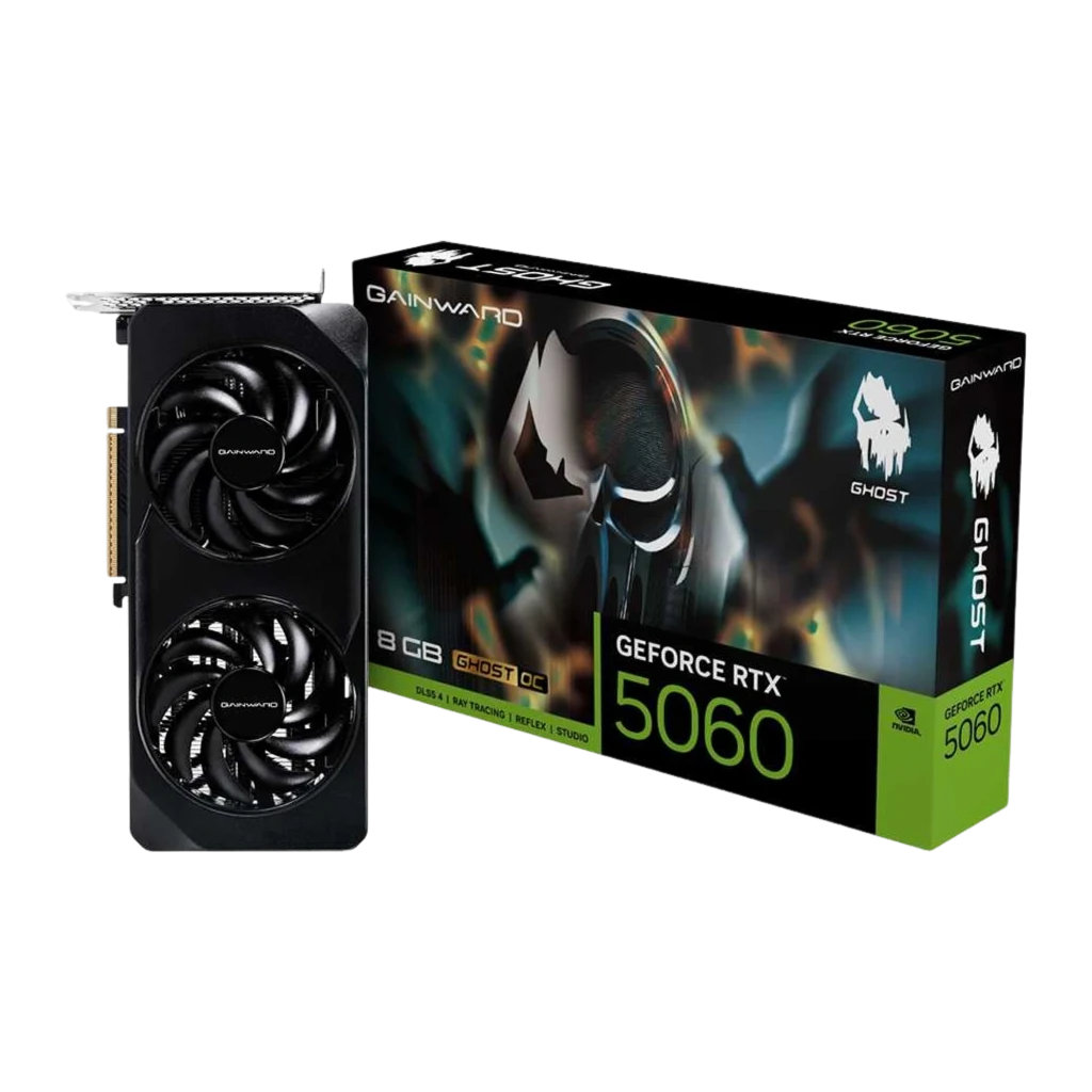 Gainward GeForce RTX 5060 Ghost 8GB OC preto, vista frontal: dois ventiladores com logo Gainward e conector PCIe dourado - Item3