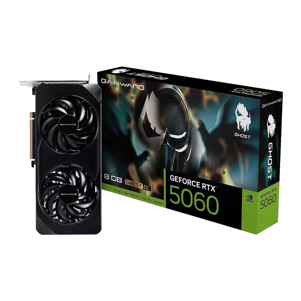 Gainward GeForce RTX 5060 Ghost 8GB OC preto, vista frontal: dois ventiladores com logo Gainward e conector PCIe dourado - Item4