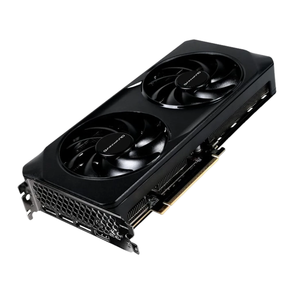 Gainward GeForce RTX 5060 Ghost 8GB OC preto, vista frontal: dois ventiladores com logo Gainward e conector PCIe dourado - Item1