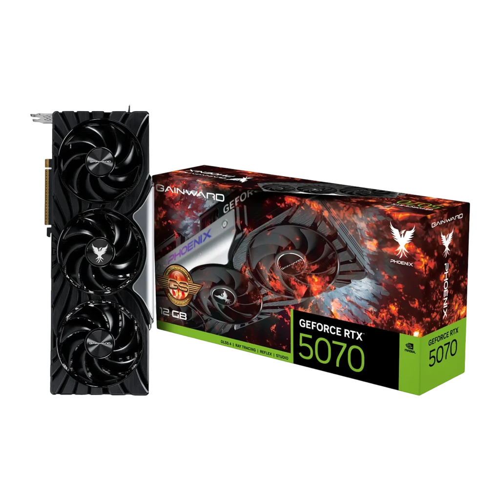 Gainward GeForce RTX 5070 Phoenix GS, vista frontal: três ventiladores, logo fénix central e shroud preto texturizado - Item2