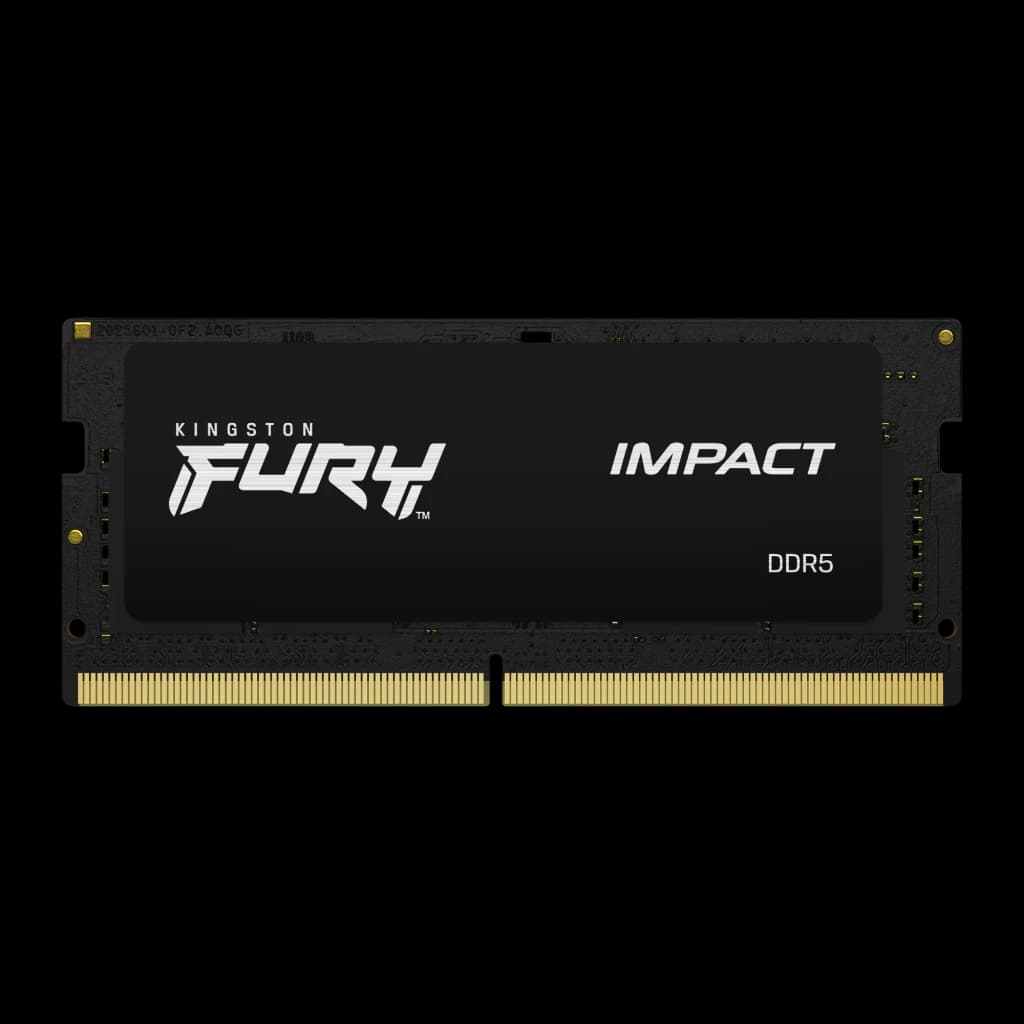 Kingston FURY Impact 32GB DDR5 4800MHz SO-DIMM negro, vista frontal: etiqueta con logo FURY IMPACT y contactos dorados