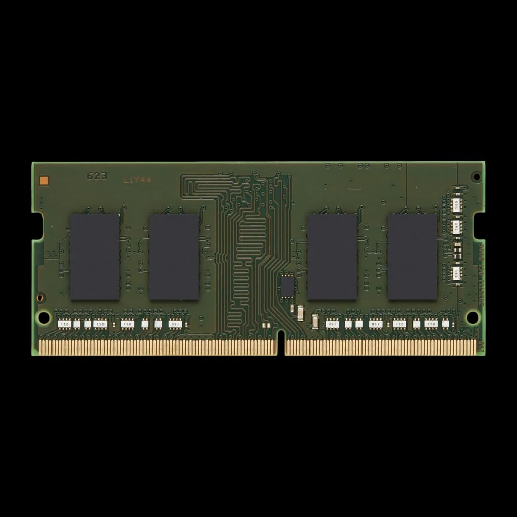 Kingston ValueRAM 16GB DDR4 3200 SO-DIMM Ouro, vista frontal: PCB verde com chips de memória e contatos dourados