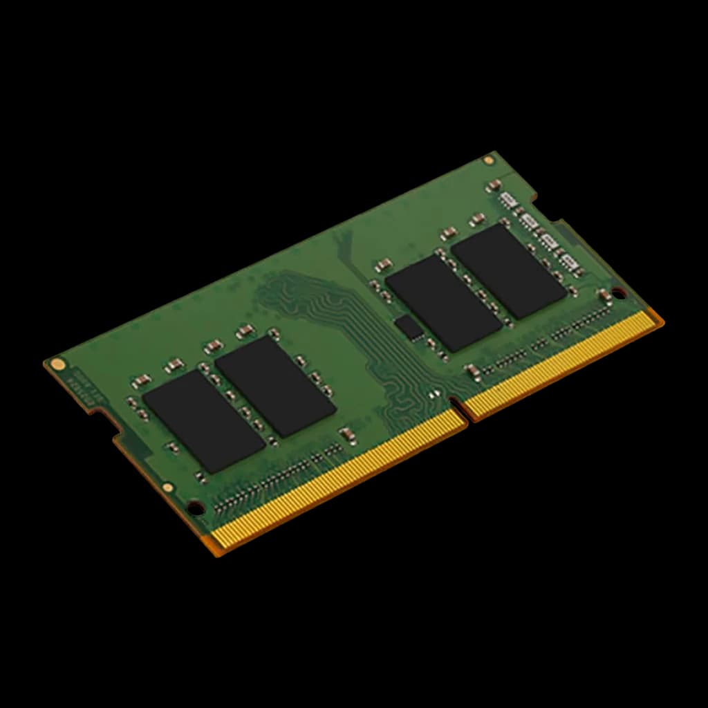 Kingston ValueRAM 16GB DDR4 3200 SO-DIMM Ouro, vista em perspectiva: ângulo isométrico mostrando espessura do módulo e chips
