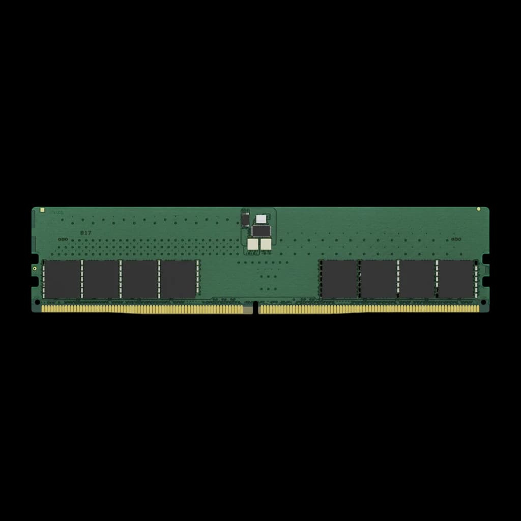 Kingston KCP556UD8-32 32GB DDR5 5600MHz DIMM verde, vista frontal: PCB verde com chips de memória e conector dourado