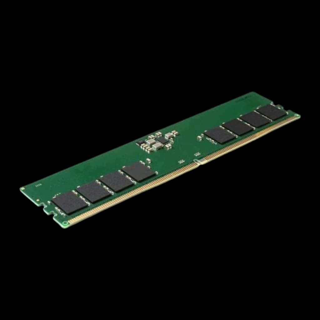 Kingston KCP556UD8-32 32GB DDR5 5600MHz DIMM verde, perspectiva baixa: módulo inclinado com chips e conector dourado visíveis