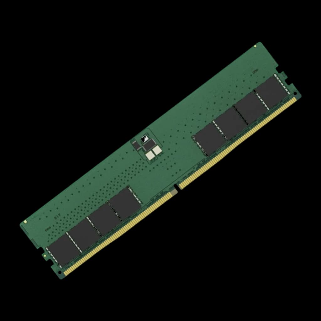 Kingston KCP556UD8-32 32GB DDR5 5600MHz DIMM verde, vista diagonal superior: PCB verde com chips escuros e conector dourado