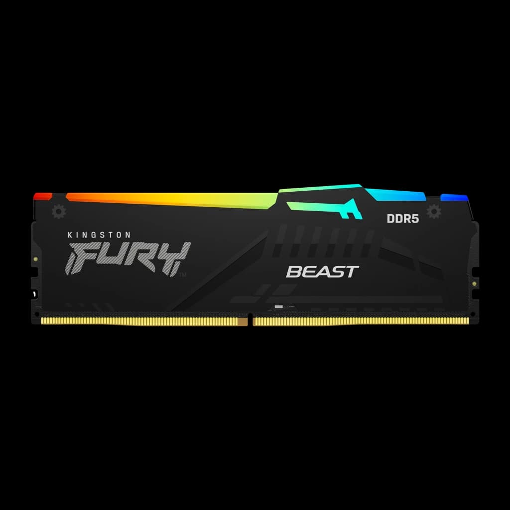 Kingston FURY Beast RGB DDR5 32GB Preto, vista frontal: dissipador preto com iluminação RGB multicolor na parte superior