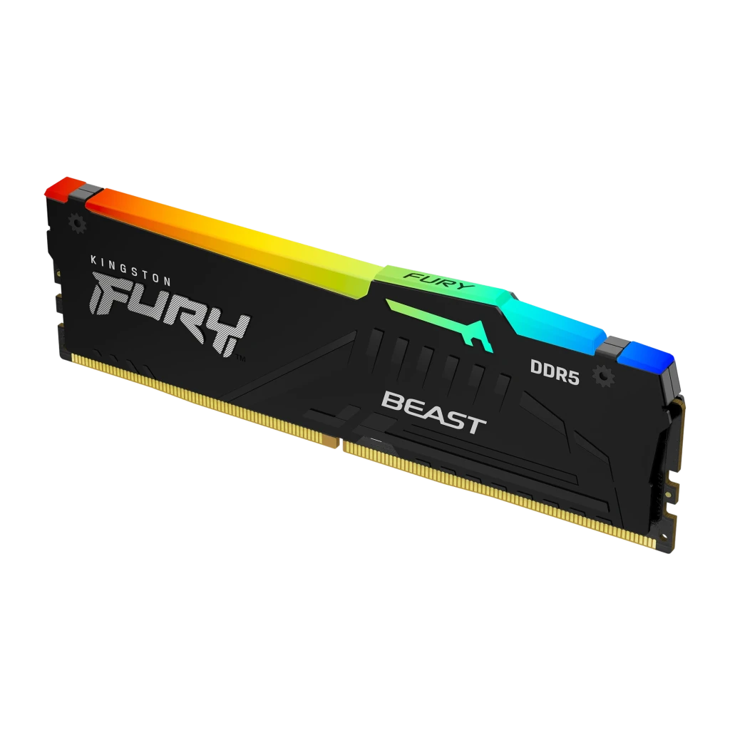 Kingston FURY Beast RGB DDR5 32GB Negro, vista frontal: disipador negro con iluminación RGB multicolor en la parte superior - Ítem1