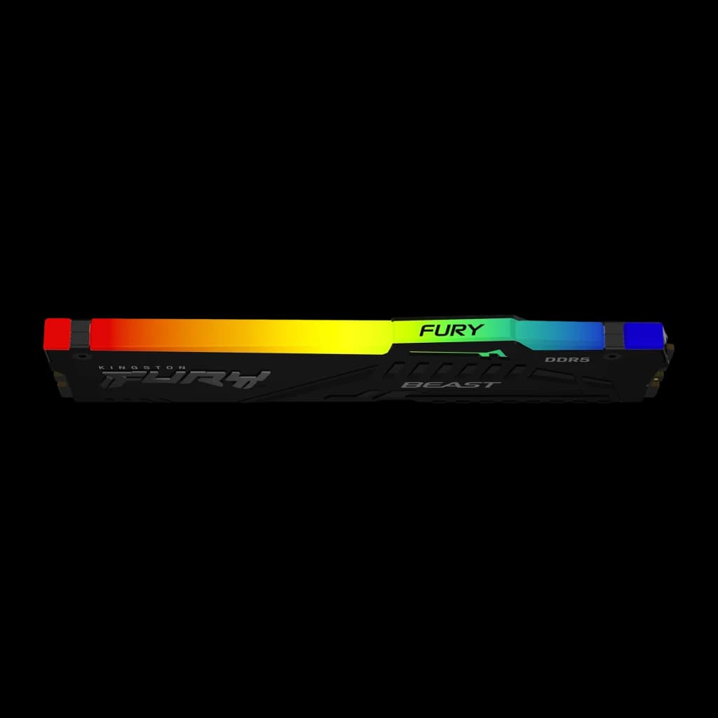 Kingston FURY Beast RGB DDR5 32GB Preto, vista superior: barra RGB completa acesa com gradiente vermelho-amarelo-verde-azul