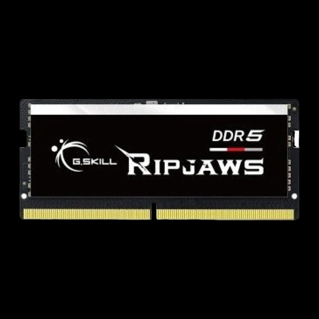 G.Skill Ripjaws DDR5 5600 SO-DIMM 64GB negro, vista frontal: etiqueta negra con logo y texto DDR5, contactos dorados