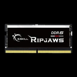 G.Skill Ripjaws DDR5 5600 SO-DIMM 64GB negro, vista frontal: etiqueta negra con logo y texto DDR5, contactos dorados