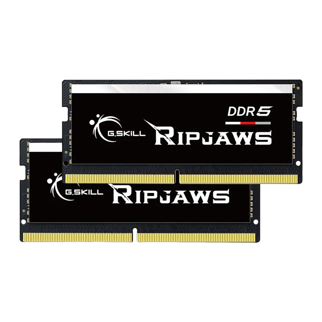 G.Skill Ripjaws DDR5 5600 SO-DIMM 64GB preto, vista frontal: etiqueta preta com logo e texto DDR5, contactos dourados - Item1