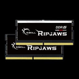 G.Skill Ripjaws DDR5 5600 SO-DIMM 64GB negro, vista frontal: dos módulos apilados en diagonal mostrando etiqueta y contactos