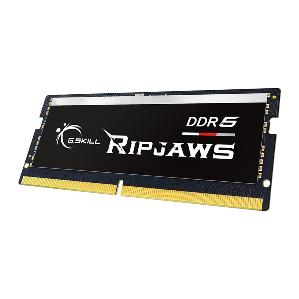 G.Skill Ripjaws DDR5 5600 SO-DIMM 64GB preto, vista frontal: etiqueta preta com logo e texto DDR5, contactos dourados - Item2