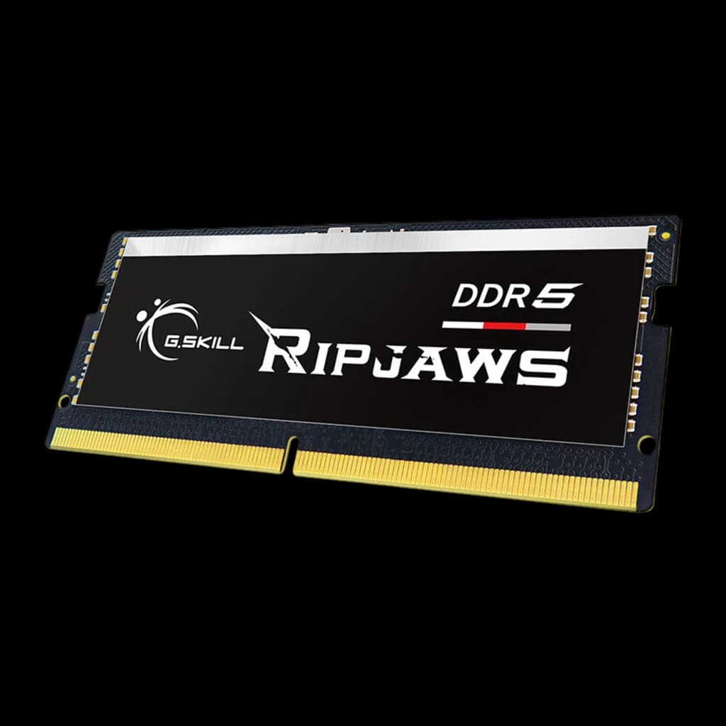 G.Skill Ripjaws DDR5 5600 SO-DIMM 64GB negro, vista en ángulo: perspectiva 3/4 que muestra grosor del PCB y disipador