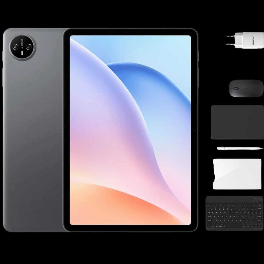 Doogee Tab A9 Pro 10.1 gris con pantalla bezeles finos; incluye cargador, mouse, teclado Bluetooth, funda, lápiz táctil y protector. 4GB RAM, 128GB