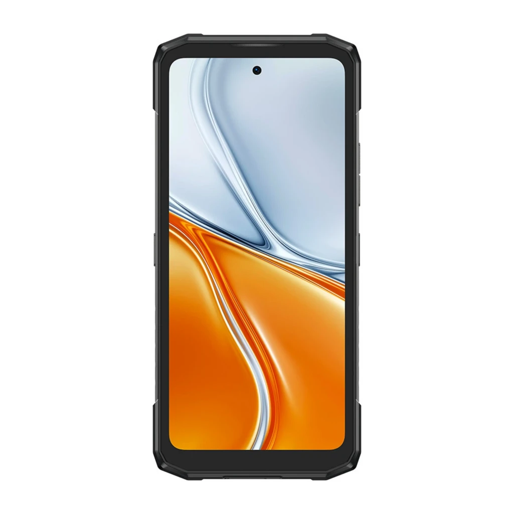 Smartphone robusto preto com moldura reforçada, tela IPS 6,6 polegadas com furo central, duas câmeras traseiras verticais e acabamento com detalhes em - Item1