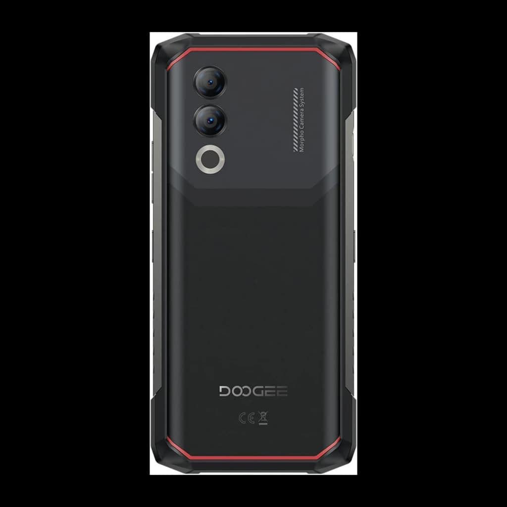 Doogee Blade 20X noir robuste dos texturé, coins renforcés, double caméra verticale avec flash circulaire, contours rouges, logo discret en bas