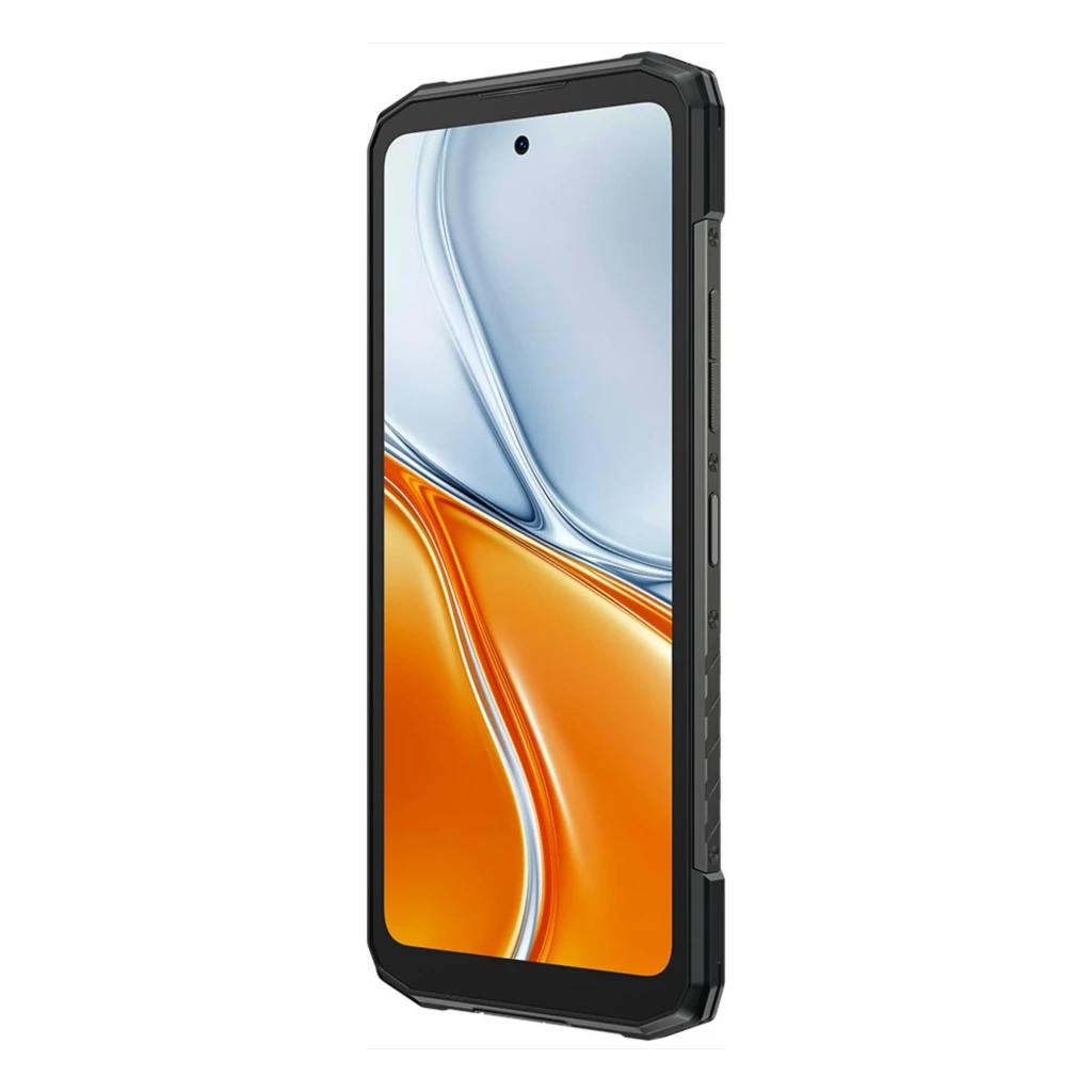 Smartphone robusto preto com moldura reforçada, tela IPS 6,6 polegadas com furo central, duas câmeras traseiras verticais e acabamento com detalhes em - Item3