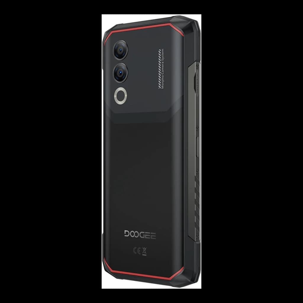 Dos du Doogee Blade 20X noir robuste, coques renforcées rouges, double appareil photo vertical avec flash, bords texturés et port latéral protégé