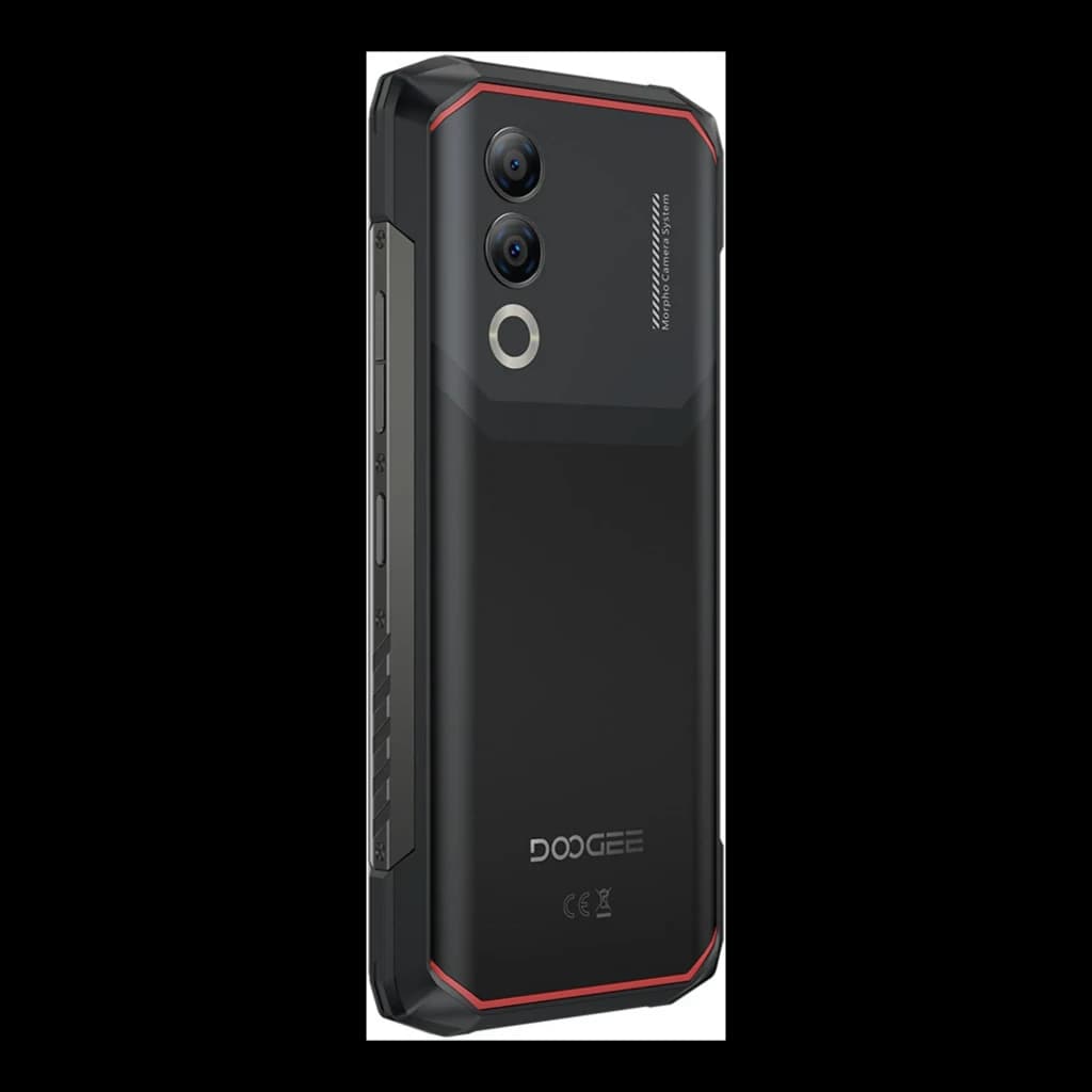 Dos du Doogee Blade 20X noir robuste avec coques angulaires rouges, double caméra verticale et flash circulaire, bords texturés et haut-parleur arrière
