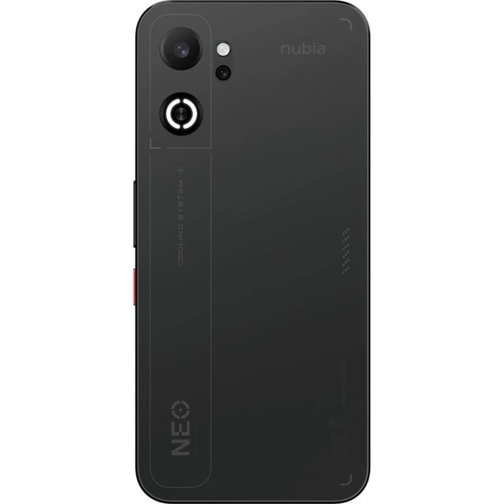 Nubia Neo 5 GT 5G noir avec dos mat, module photo double vertical, anneau LED autour de lobjectif, accents rouges, marquage Cooling System et logo NEO
