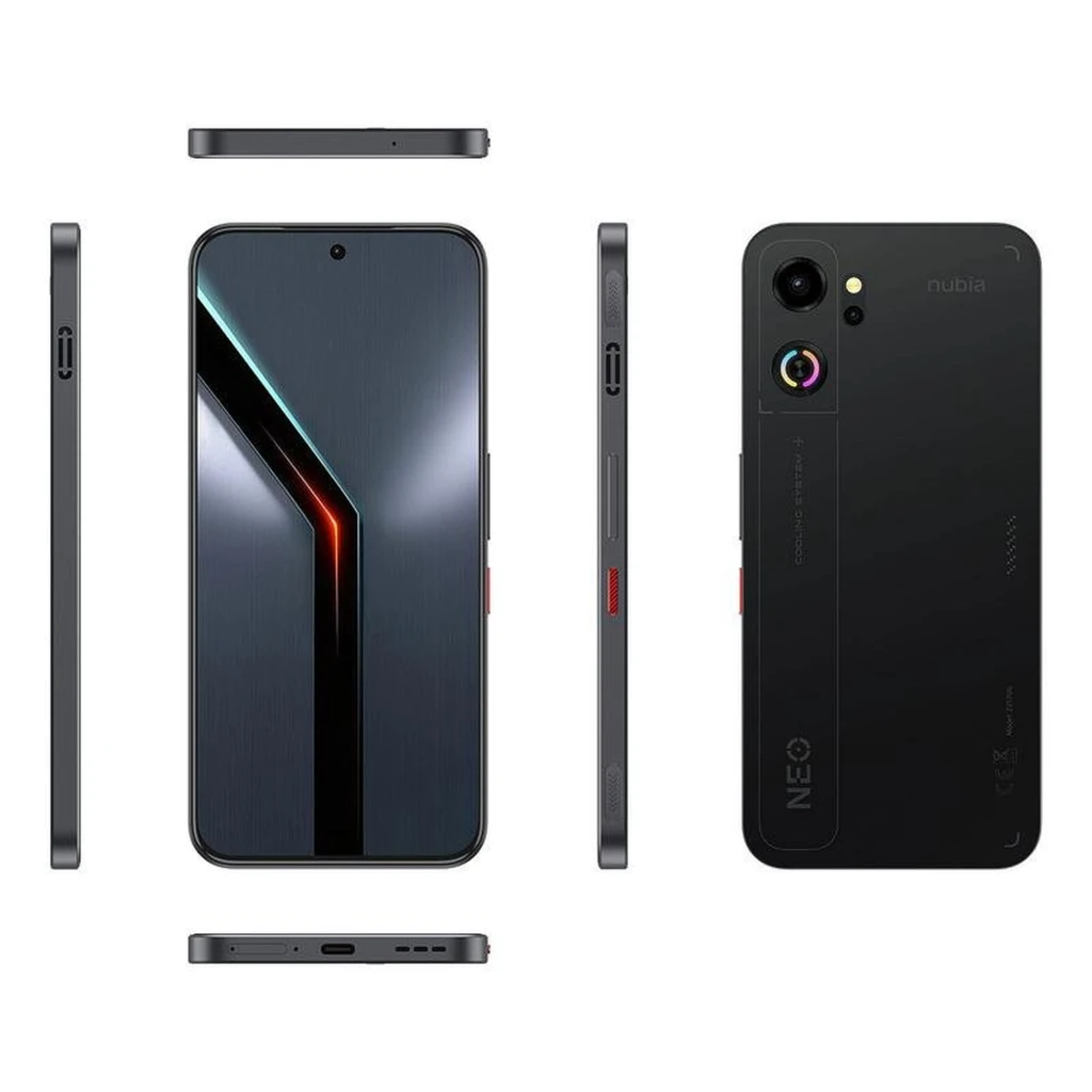 Nubia Neo 5 GT noir avec dos texturé, module photo triple, accents LED bleus, écran bord à bord perforé et gâchettes latérales rouges pour le gaming - Ítem5