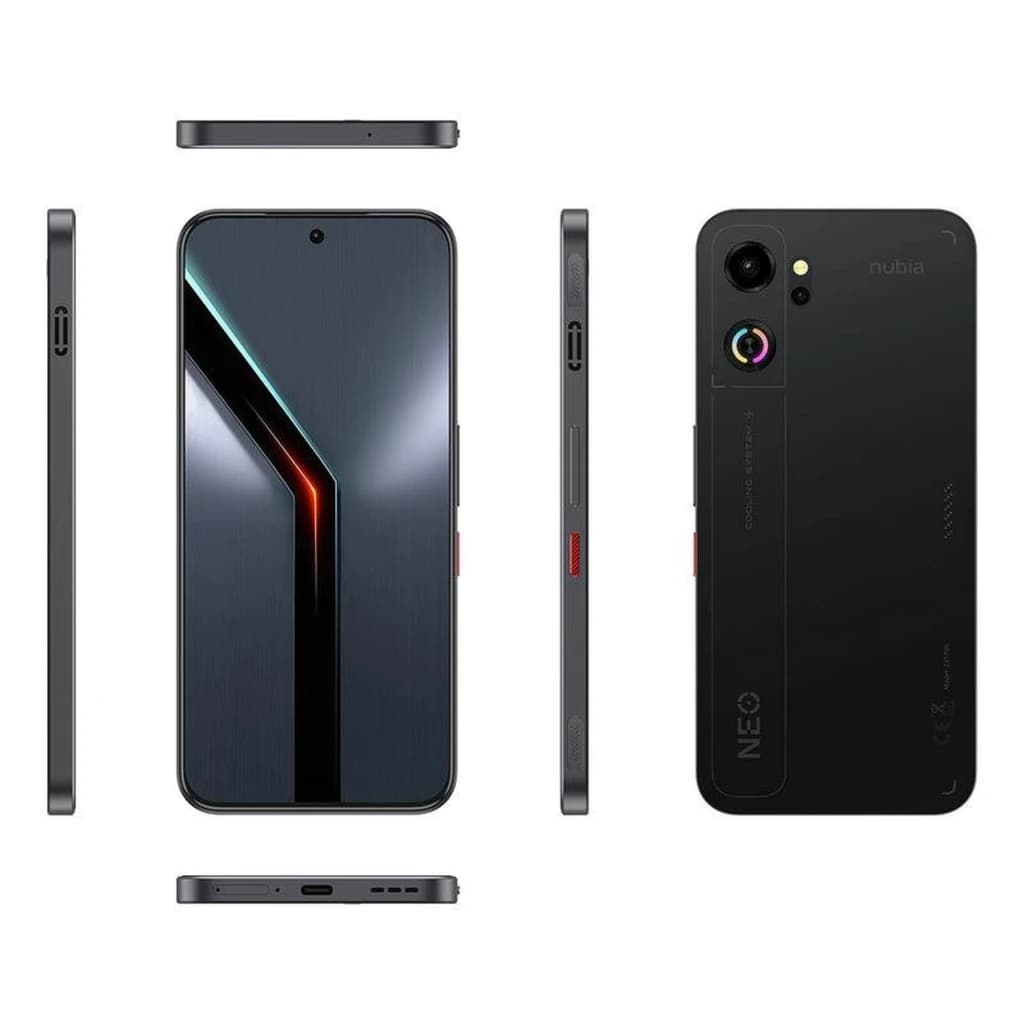 Nubia Neo 5 GT 5G noir, dos mat avec module photo double et accents rouges, écran AMOLED 144 Hz bord fin, ports USB-C et haut-parleur en bas