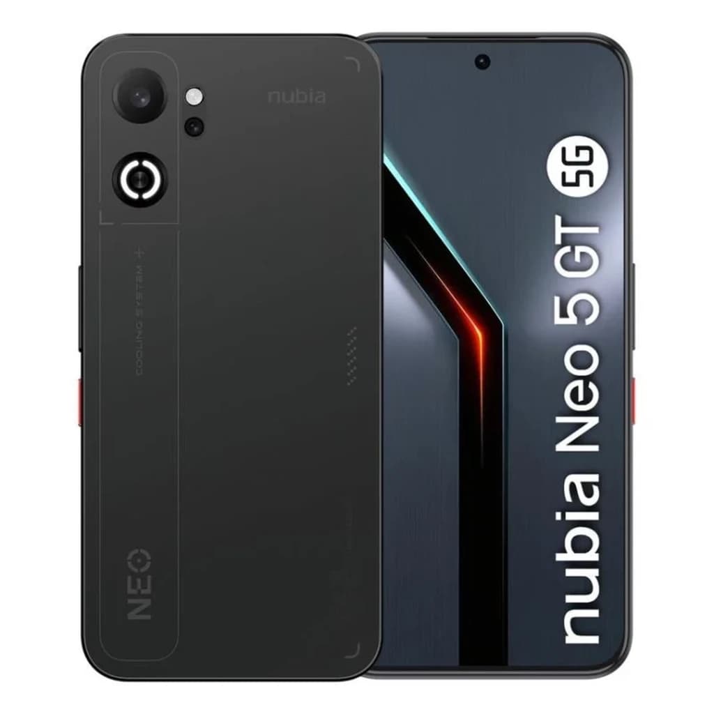 Nubia Neo 5 GT noir avec dos texturé, module photo triple, accents LED bleus, écran bord à bord perforé et gâchettes latérales rouges pour le gaming